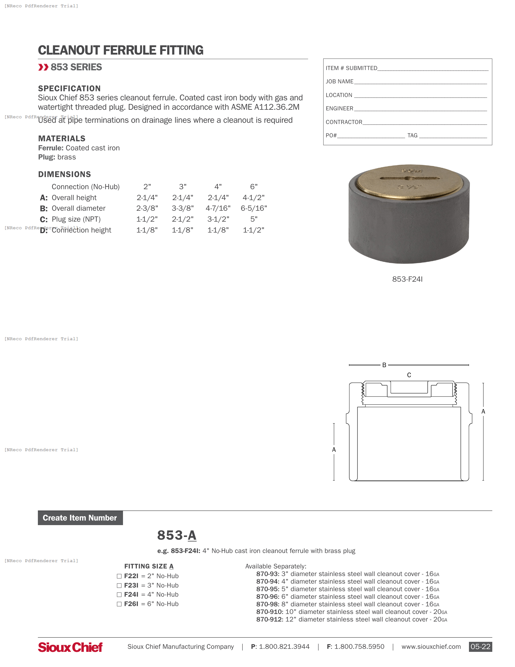853 SERIES - CLEANOUT FERRULE FITTING - SPEC SHEET.PDF Specification Document